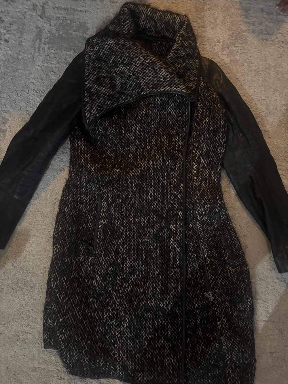 Women's Black and Gray Wool-Blend Trench Coat with Leather Sleeves